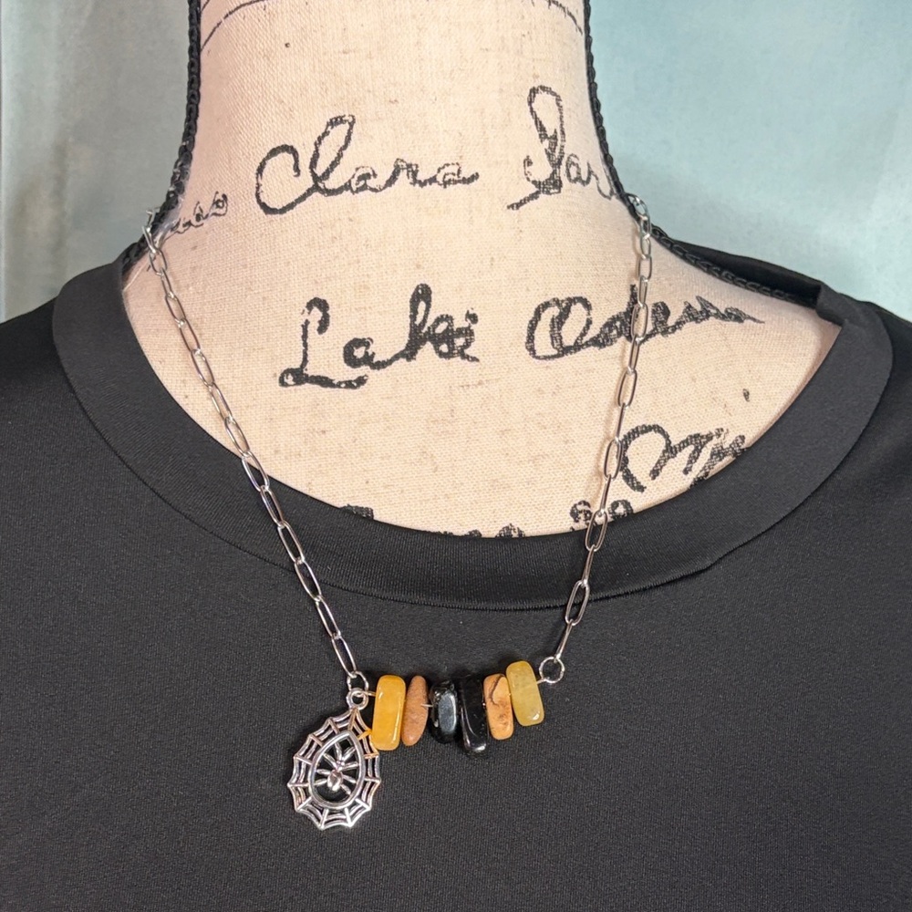 Multi Stone Bar Necklace with Spider Charm and Stainless Steel Paperclip chain